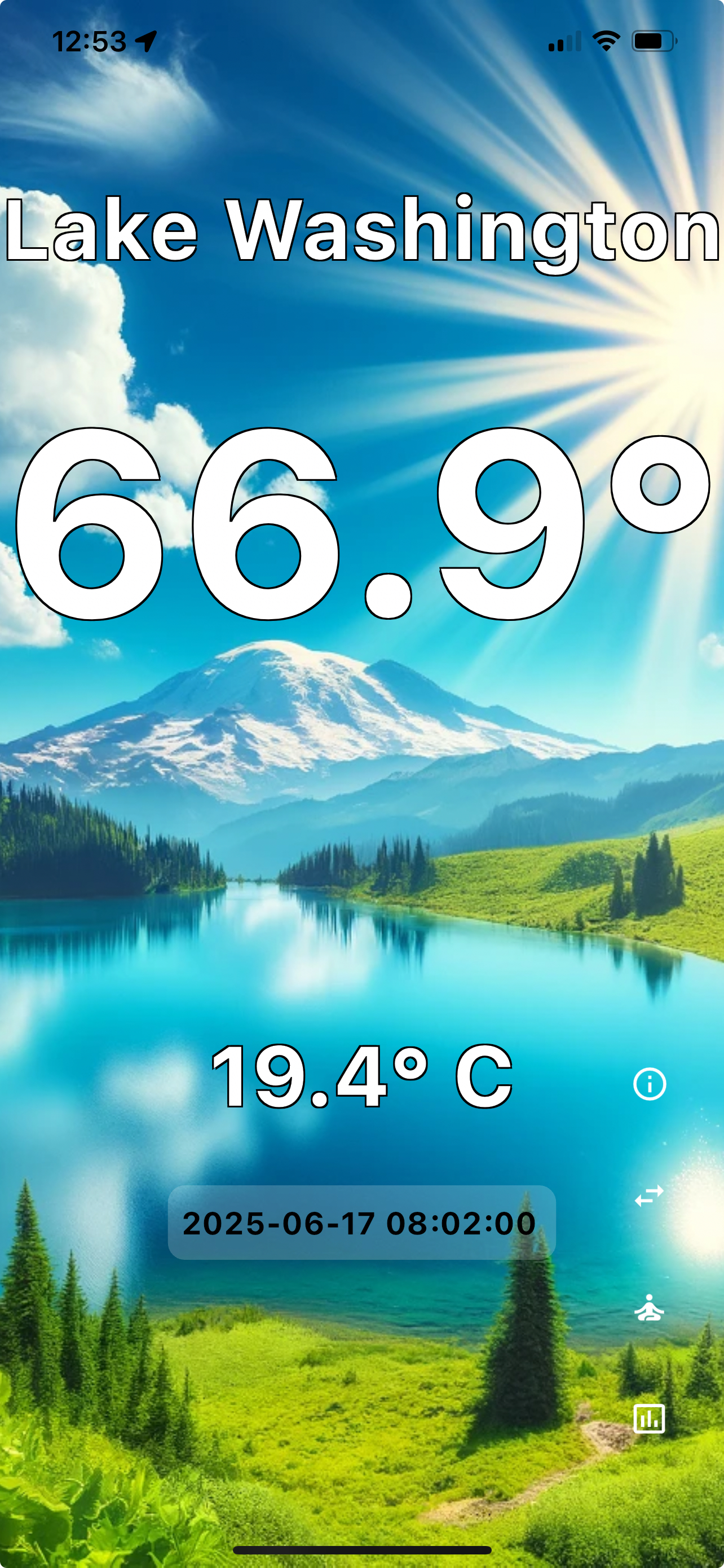 Seattle Lakes App main screen showing current temperature